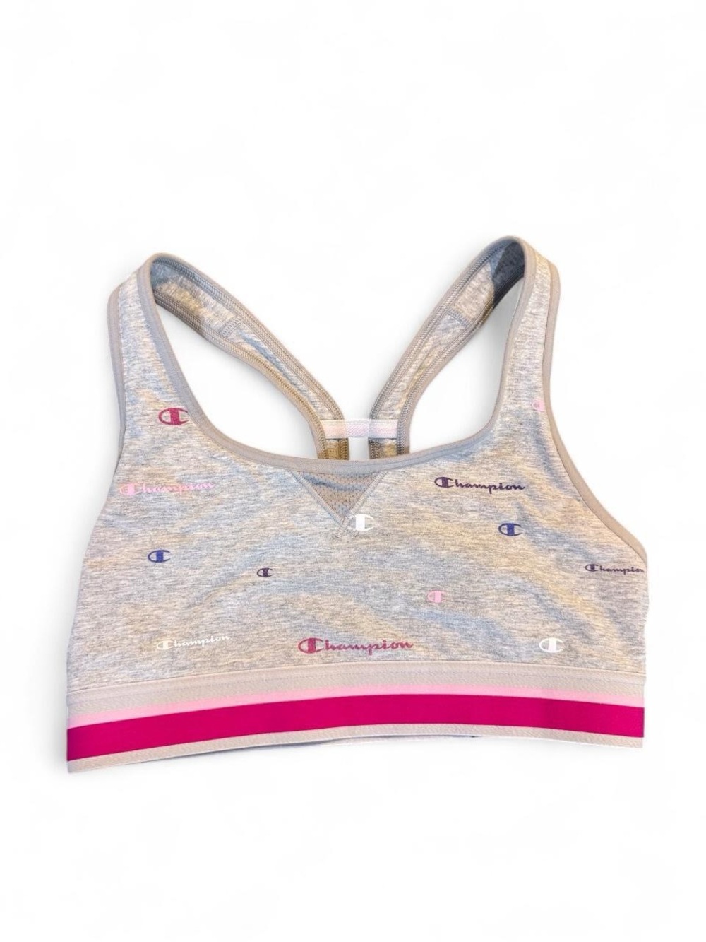 Champion Grey Logo Print Sports Bra with Pink Stripe